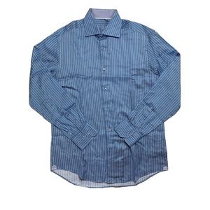 Men’s Bugatchi Uomo Long Sleeve Blue & White Striped Dress Shirt Sz Medium